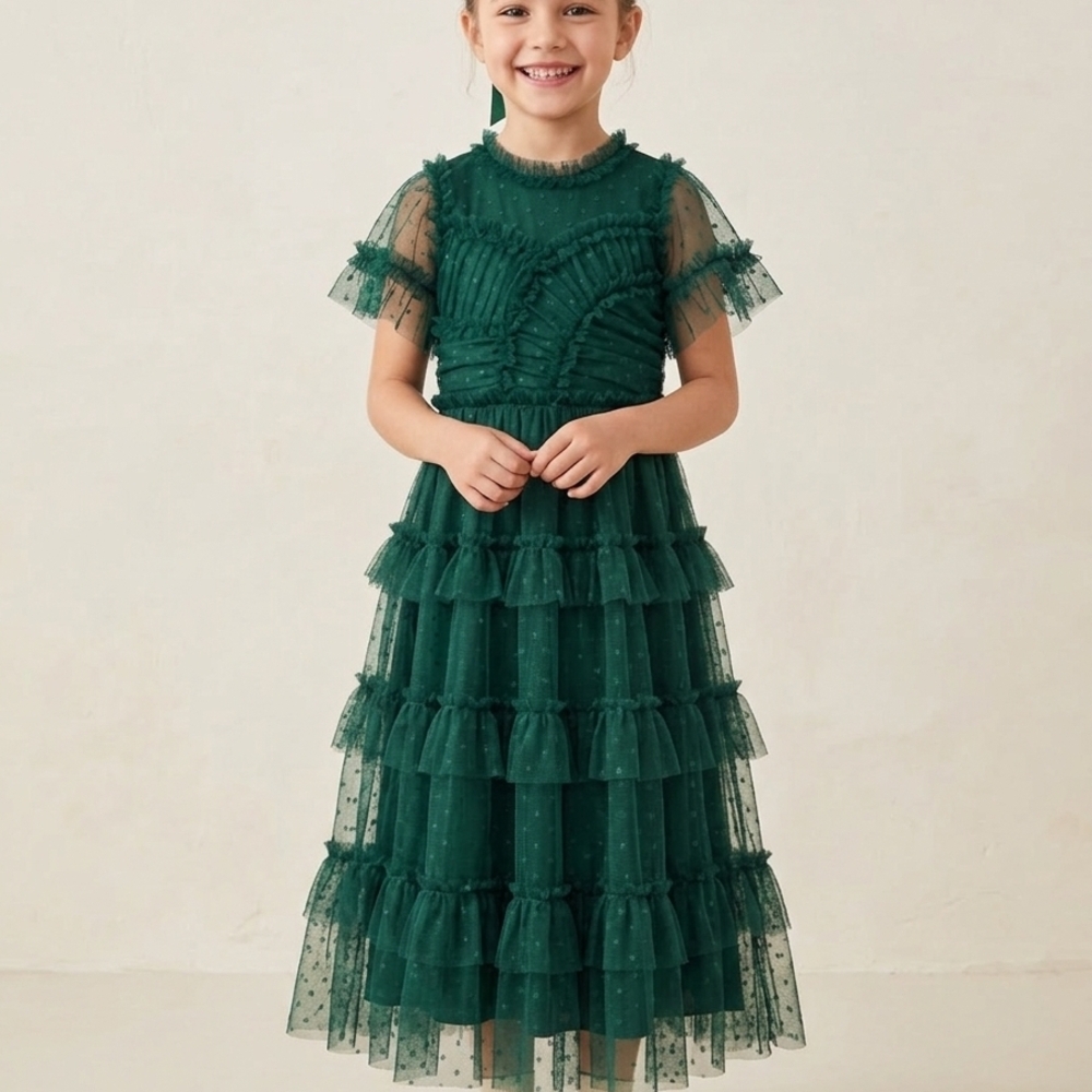 Girls Emerald Green Ruffle Tiered Tulle Dress